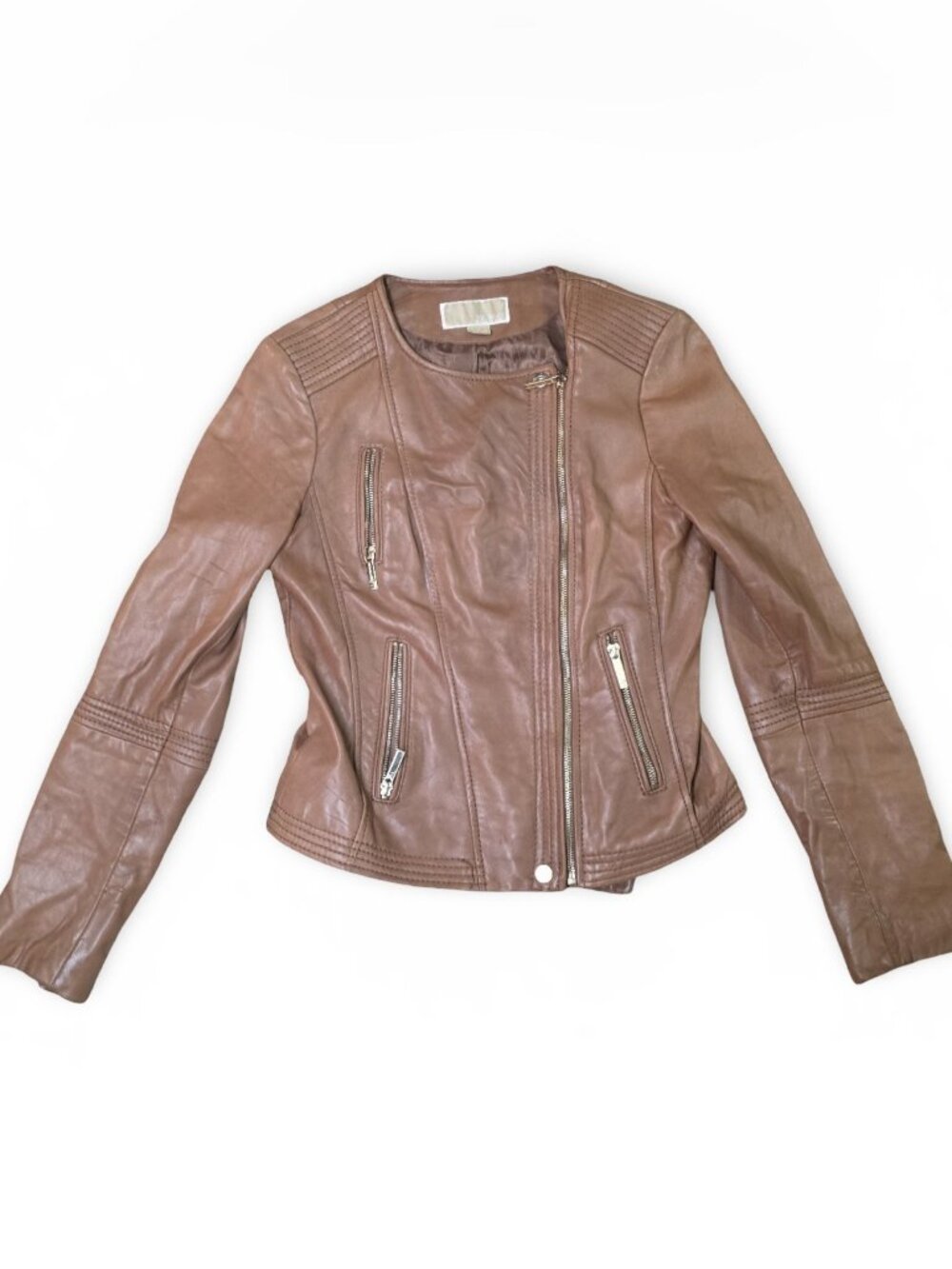 Michael Kors Brown Leather Moto Jacket Womens Small Asymmetrical Zip